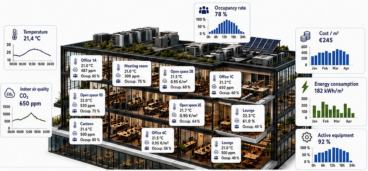 Digitaler Zwilling mit Live-Daten zu Temperatur, CO₂, Belegung und Energie